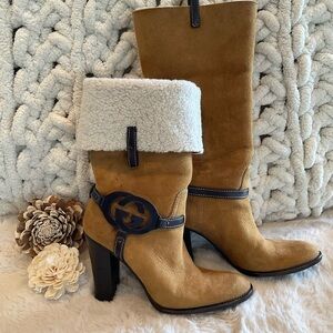 Gucci GG Tan Suede Boots with Real Shearling Trim - Authentic